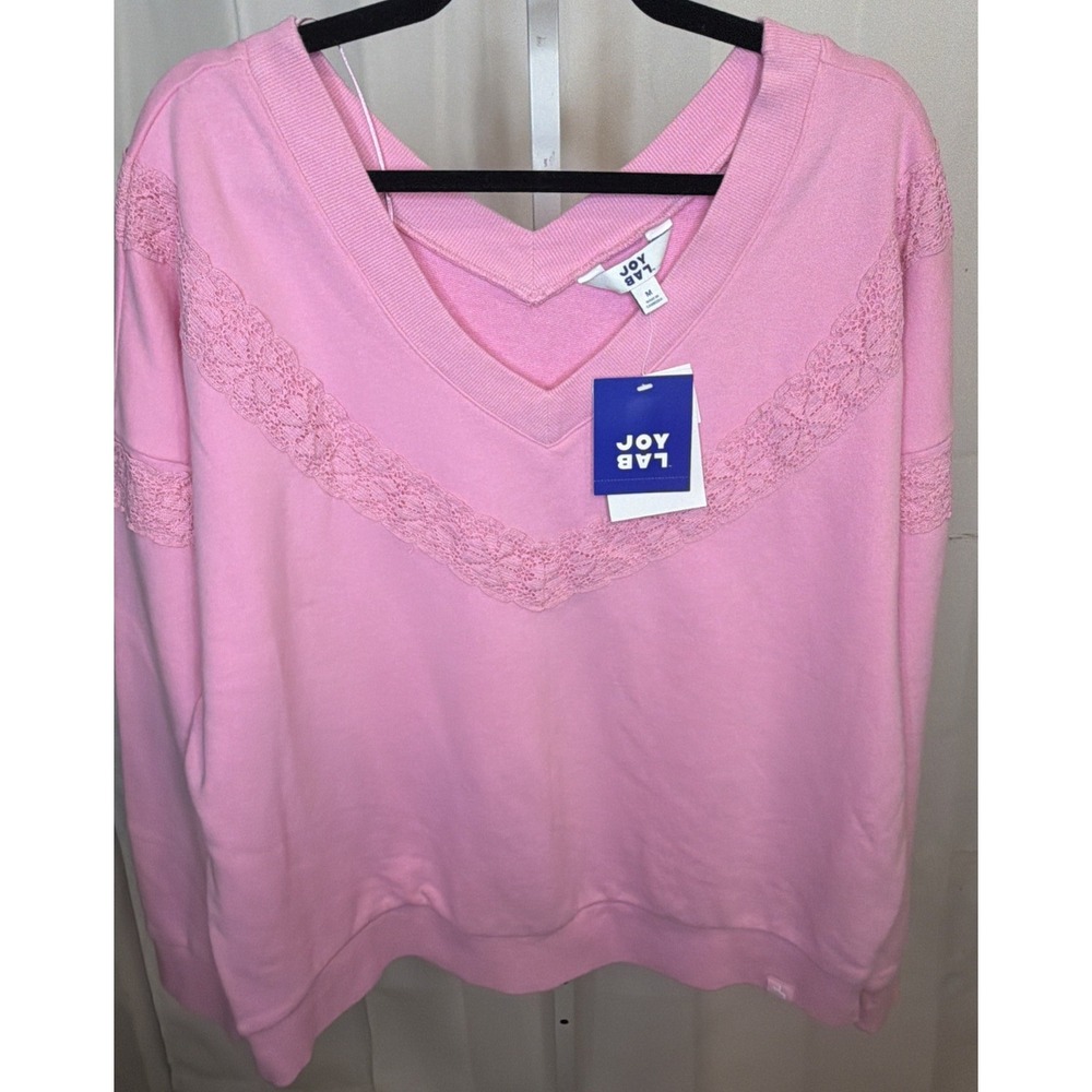 JoyLab Pink Crochet Trim V Neck Pullover Sweatshirt Size Medium - Picture 4 of 10